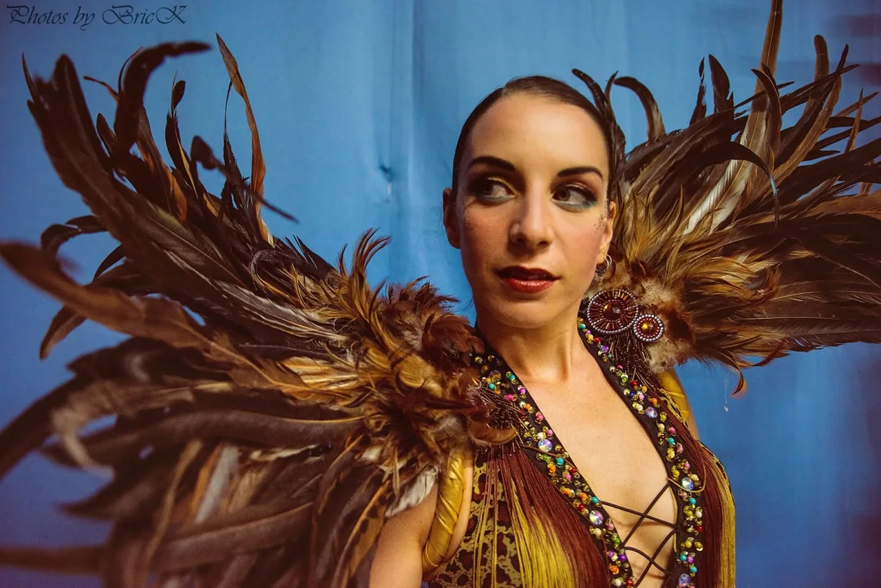 A portrait with an elaborate feather costume against a blue background.